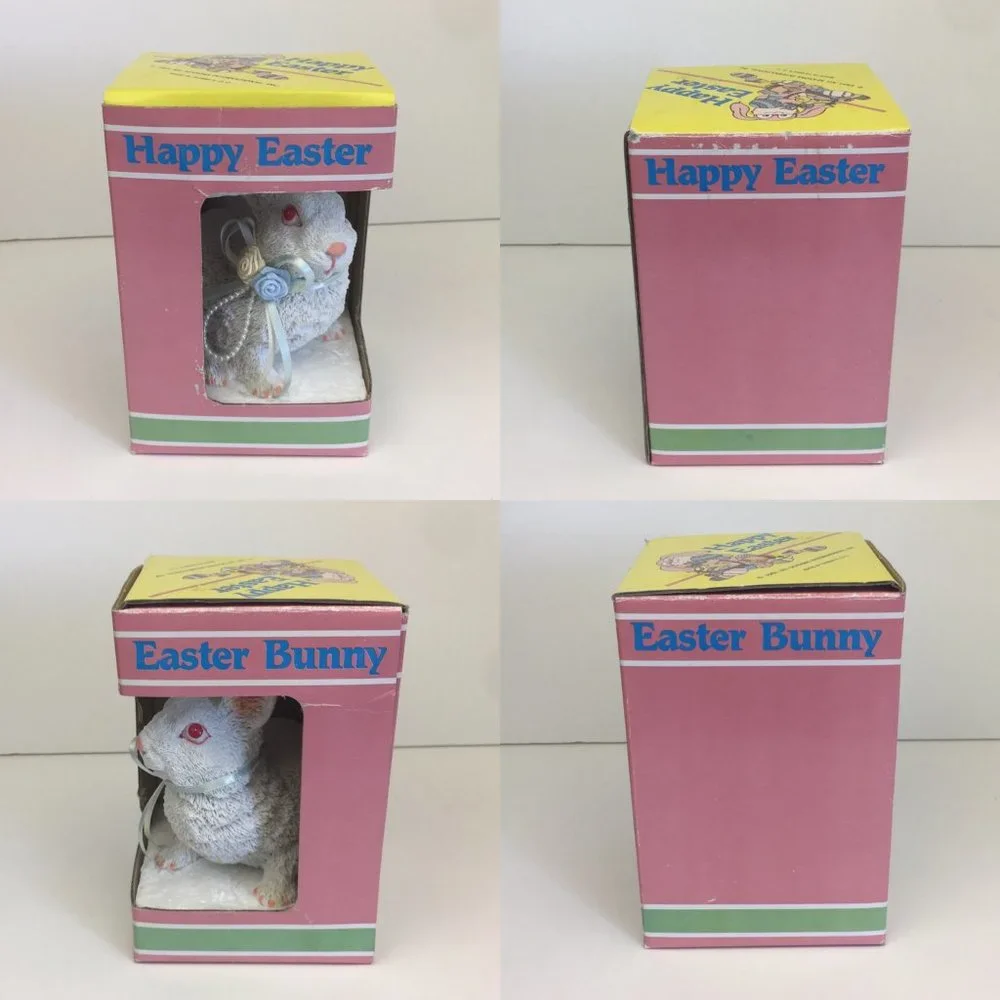 Vtg Easter Bunny Figurine w Floral‎ Ribbon Orig Box